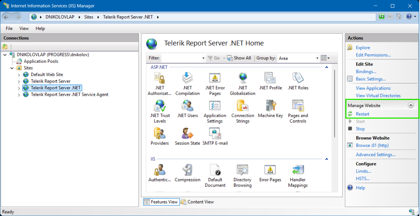 An image demonstrating how the Report Server for .NET can be restarted from the IIS Manager