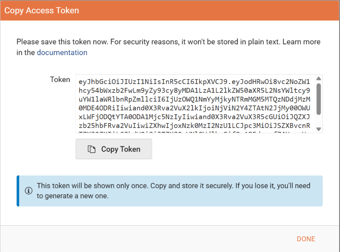 The form letting the user copy the newly created personal access token with the warning that the token should be stored securely as it will be shown only once.