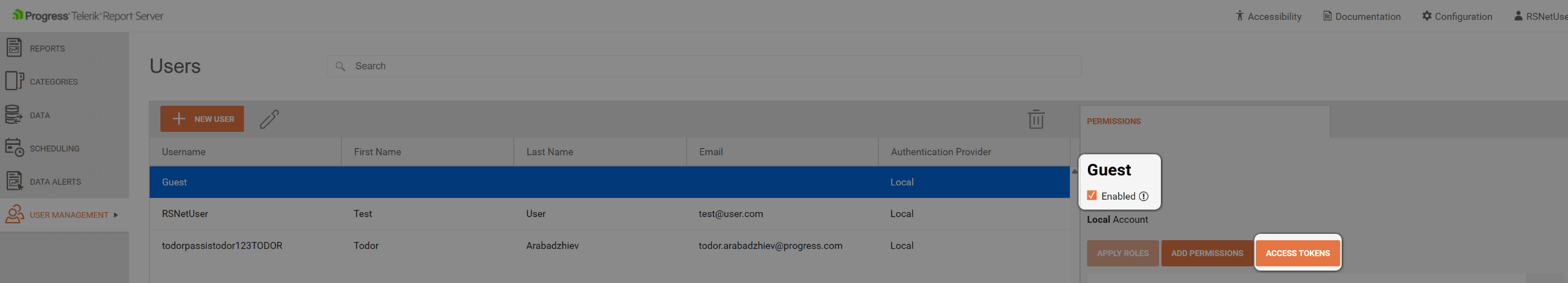 Guest User in the Report Server for .NET User Management view with the Access Tokens button.
