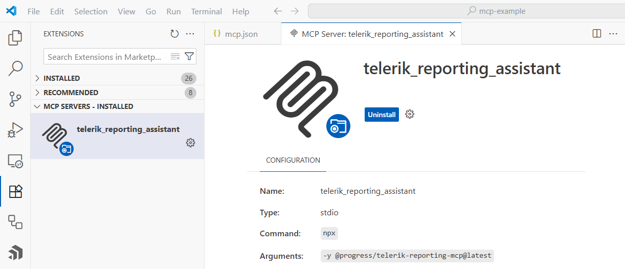 Installed Reporting MCP Server in VS Code