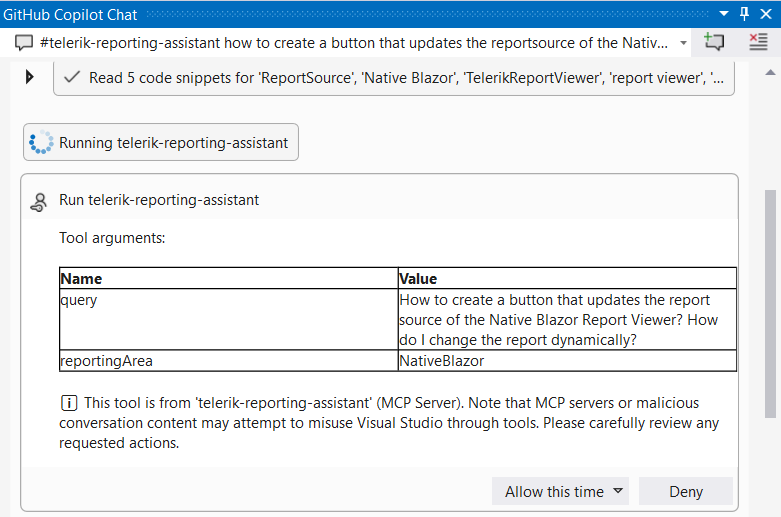 An image demonstrating how to allow the usage of the Telerik Reporting MCP tool in the VS Copilot Chat