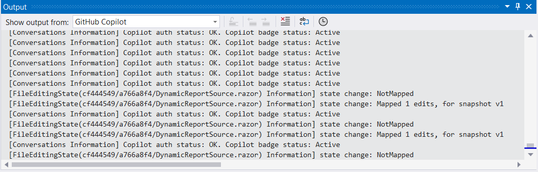 An image demonstrating sample output from the GitHub Copilot Output window