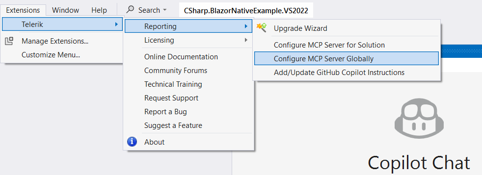 An image showcasing the available MCP-related functionalities of the Telerik Reporting VS extension
