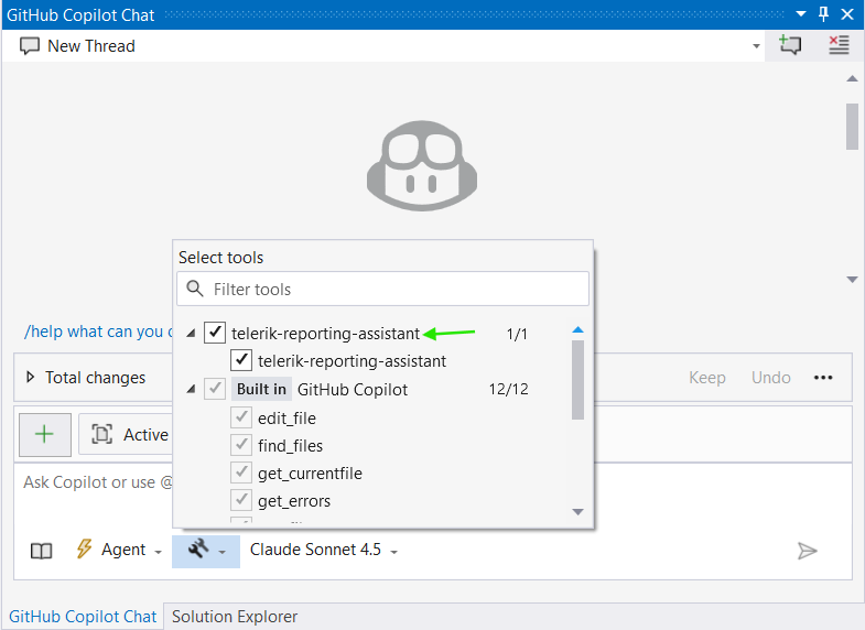 An image demonstrating how to enable the Telerik Reporting MCP tool in Visual Studio