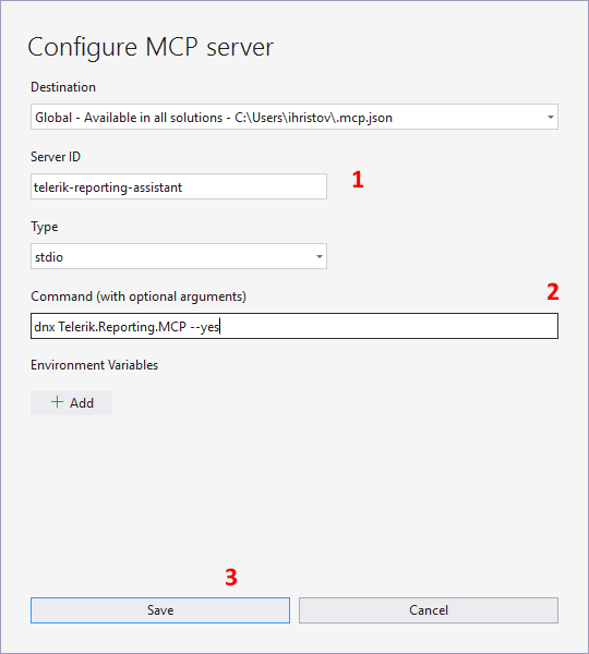 Steps to configure the MCP server in the Visual Studio