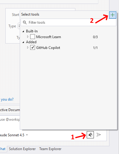 Steps to open the Configure MCP server menu in the Visual Studio GitHub Copilot Chat