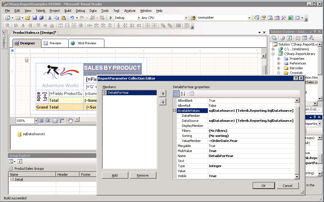 Define a multivalue Report Parameter in the demo report ProductSales.cs in the Visual Studio Report Designer