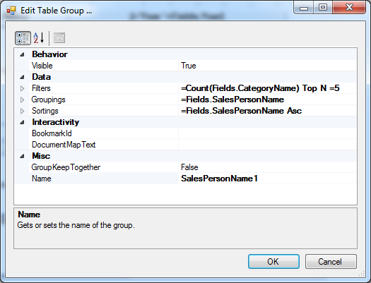 Configure the Table Row Group Properties in the Table Group Editor of the Report Designer