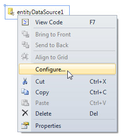 The context menu of the EntityDataSource component with the Configure option chosen