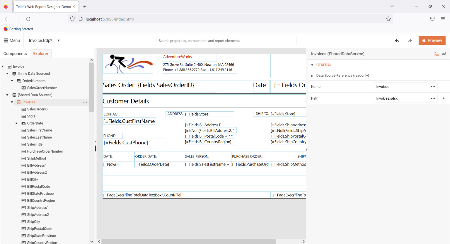 Preview of a pre-configured SharedDataSource in Report opened in the Web Report Designer
