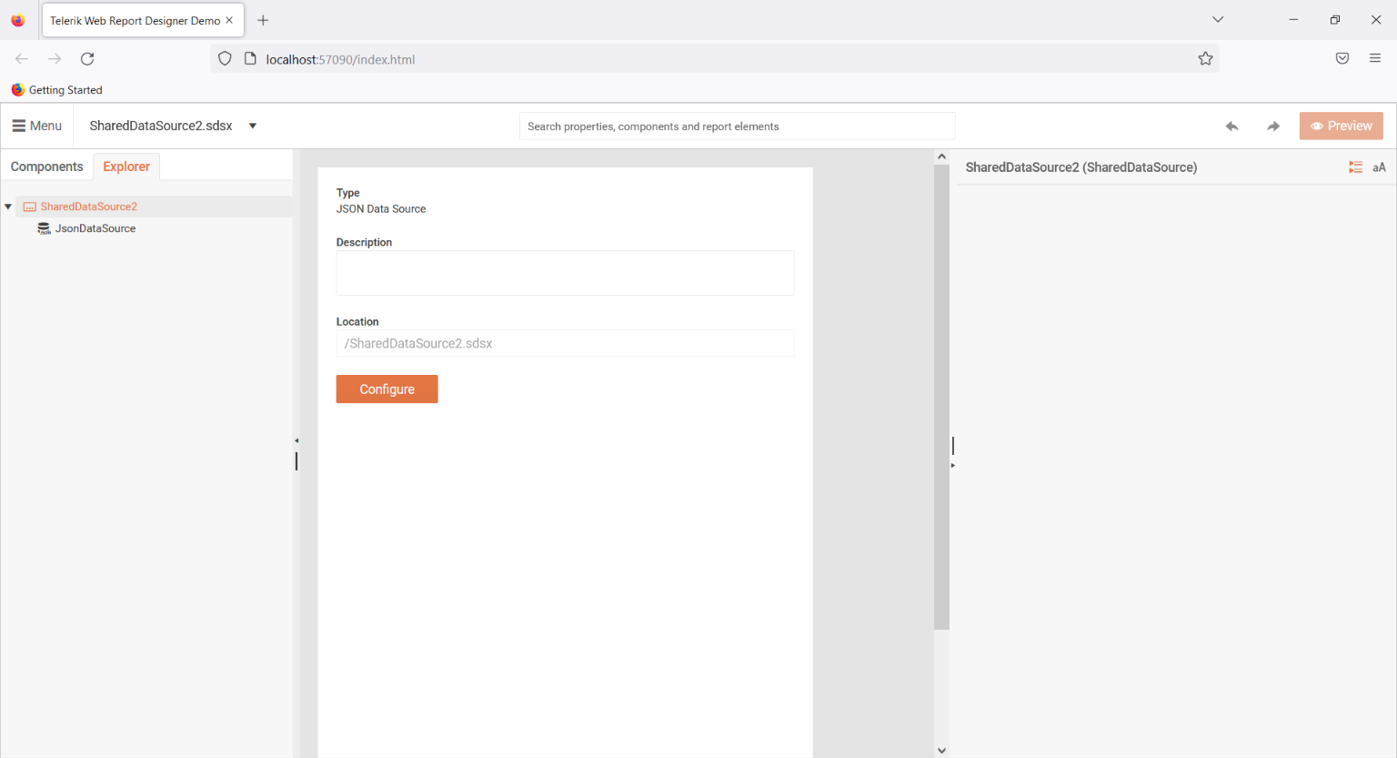 SDSX Configuration Page in the Web Report Designer with JsonDataSource component selected for sharing