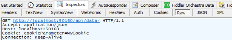 The request performed by the WebServiceDataSource component with the design-time Cookie parameter value as seen in Fiddler