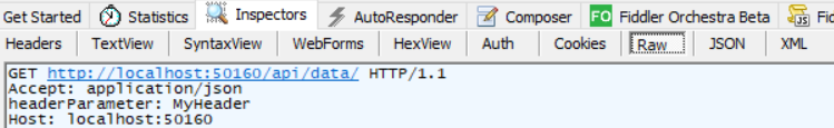The request performed by the WebServiceDataSource component with the design-time Header parameter value as seen in Fiddler