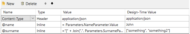 Set the Inline parameter values and the required header parameter Content-Type in the WebServiceDataSource Wizard