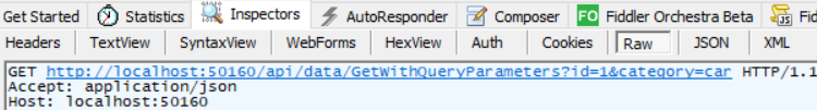 The request performed by the WebServiceDataSource component with the design-time Query parameter values as seen in Fiddler