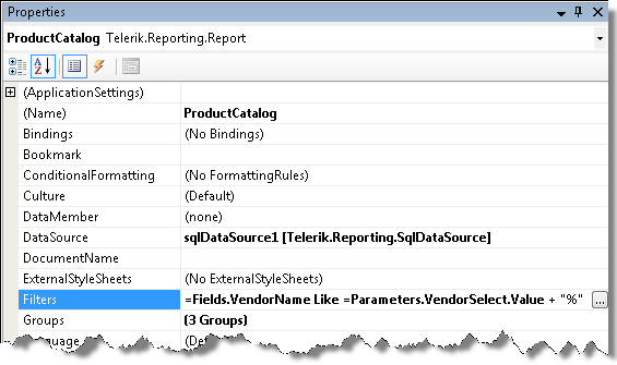 Filtering Product Catalog report with an expression where the VendorName from the database is compared, using a Like operator to the VendorSelect parameter