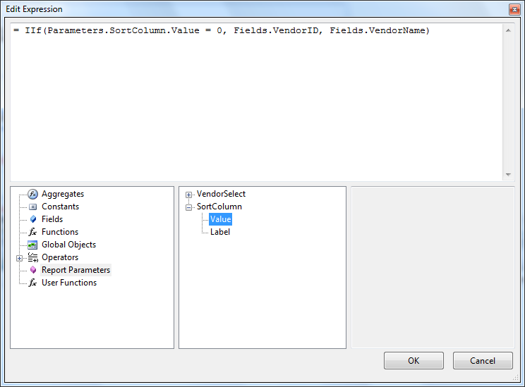 A Sorting expression that checks the value of Parameter SortColumn. If it is zero the sort is by the VendorID column, otherwise the sort column is VendorName