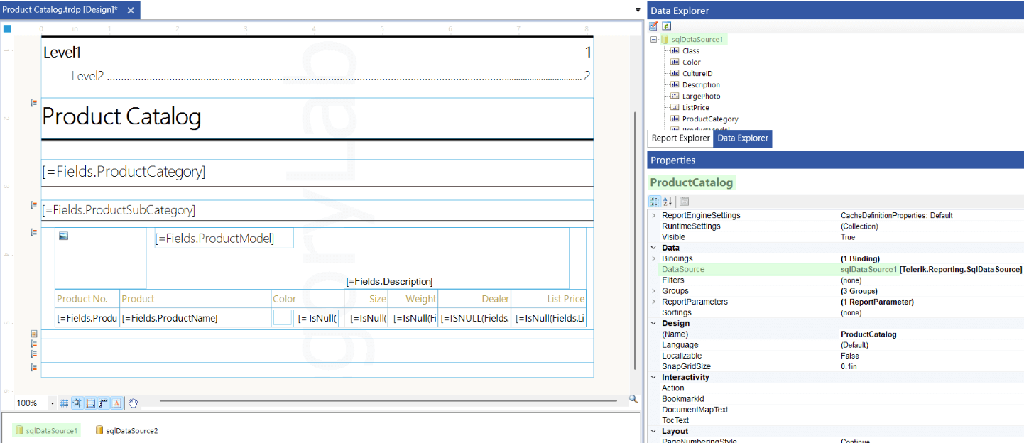 The sample Report 'ProductCatalog.trdp' with its DataSource property set to sqlDataSource1 in the Standalone Report Designer.
