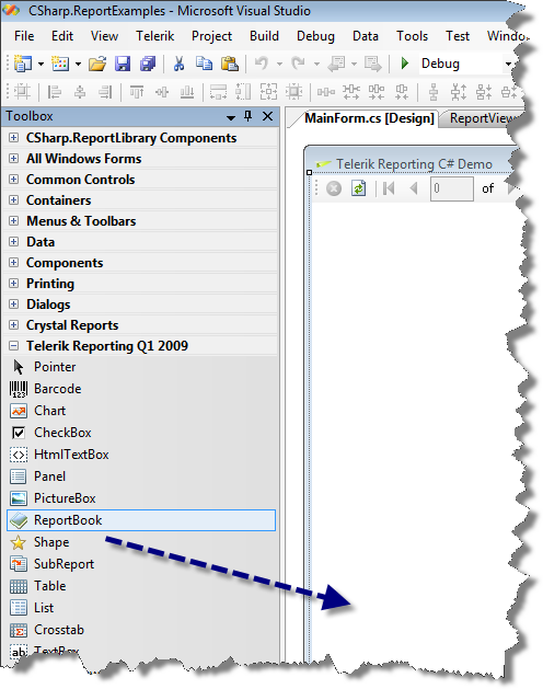 An image demonstrating how to add a ReportBook component from the Visual Studio Toolbox