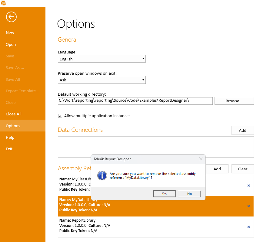 Delete an Assembly Reference in the Standalone Report Designer's Options