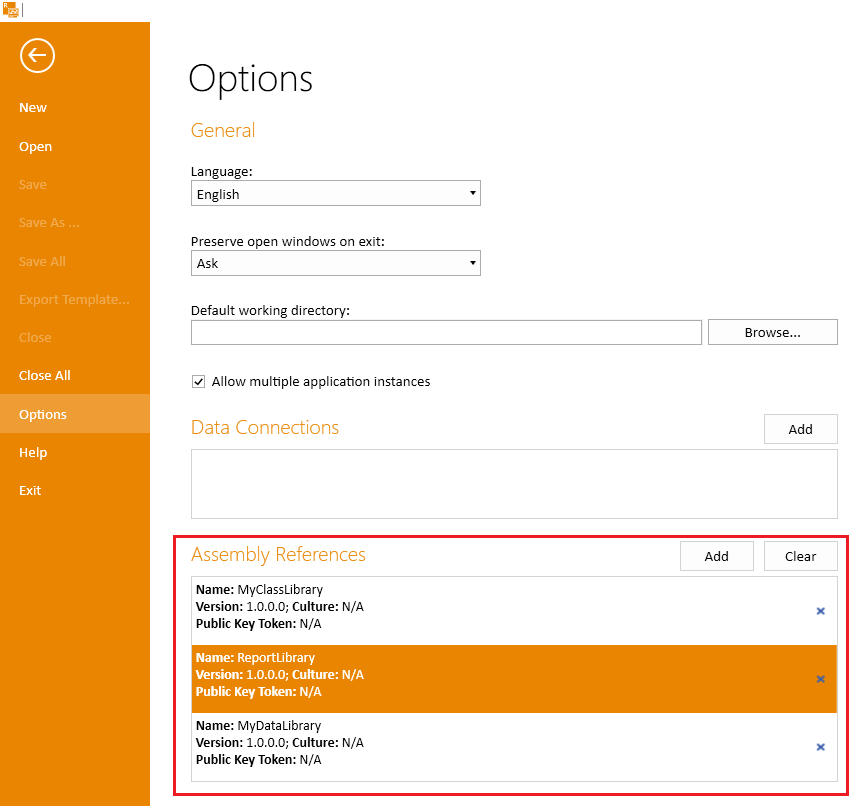 Registered Assembly Reference in the Standalone Report Designer's Options