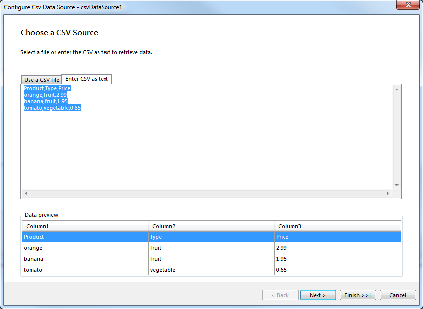 Choose a CSV Source dialog of the CsvDataSource Wizard of the Report Designer