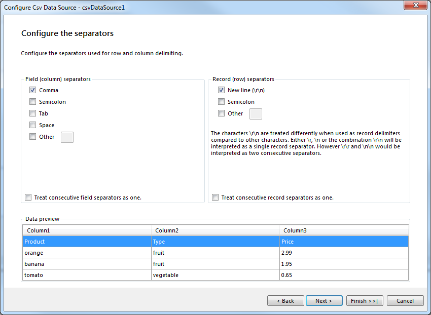 Configure the Separators dialog of the CsvDataSource Wizard of the Report Designer