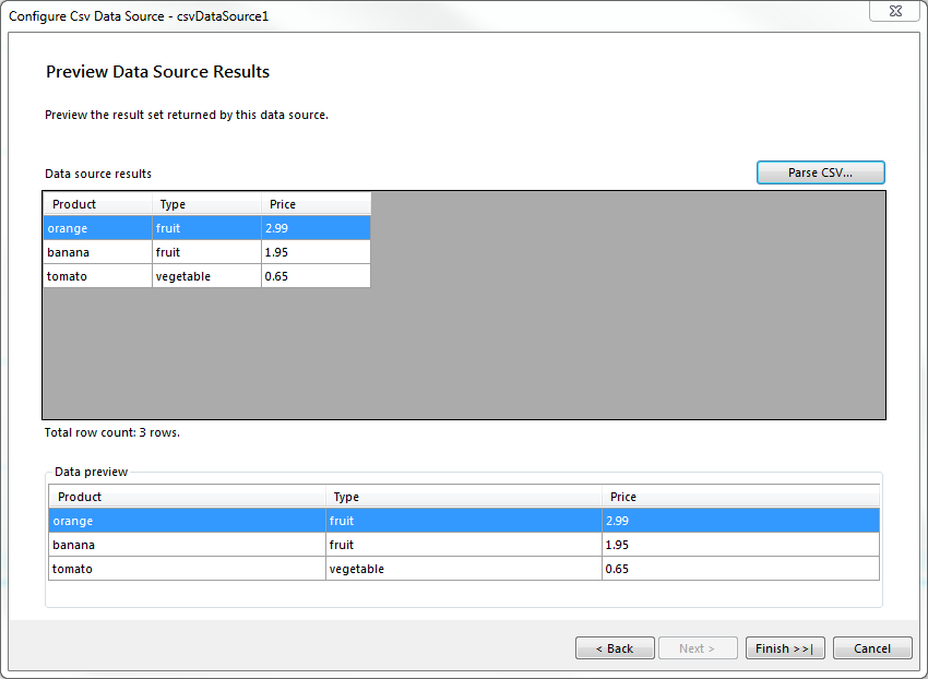 Preview Data Source Results dialog of the CsvDataSource Wizard of the Report Designer