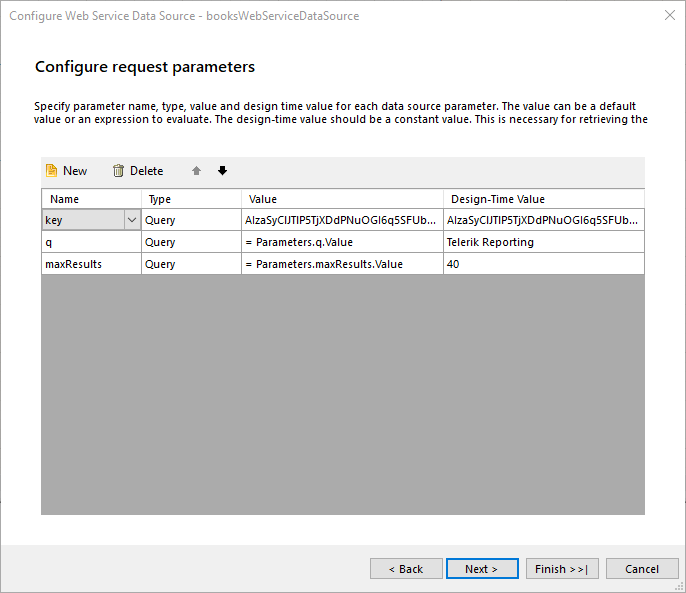 Configure request parameters dialog of the WebServiceDataSource Wizard of the Report Designer