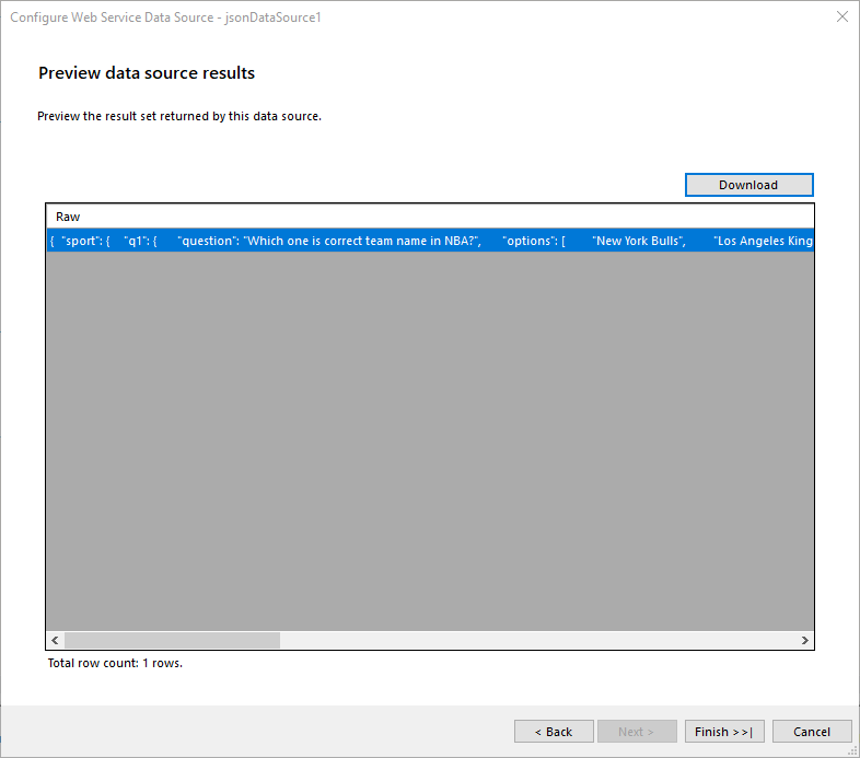 Preview Data Source Results dialog of the JsonDataSource Wizard of the Report Designer