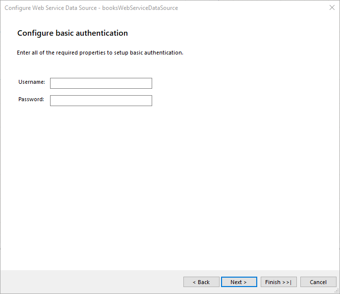 Configure Basic Authentication dialog of the WebServiceDataSource Wizard of the Report Designer