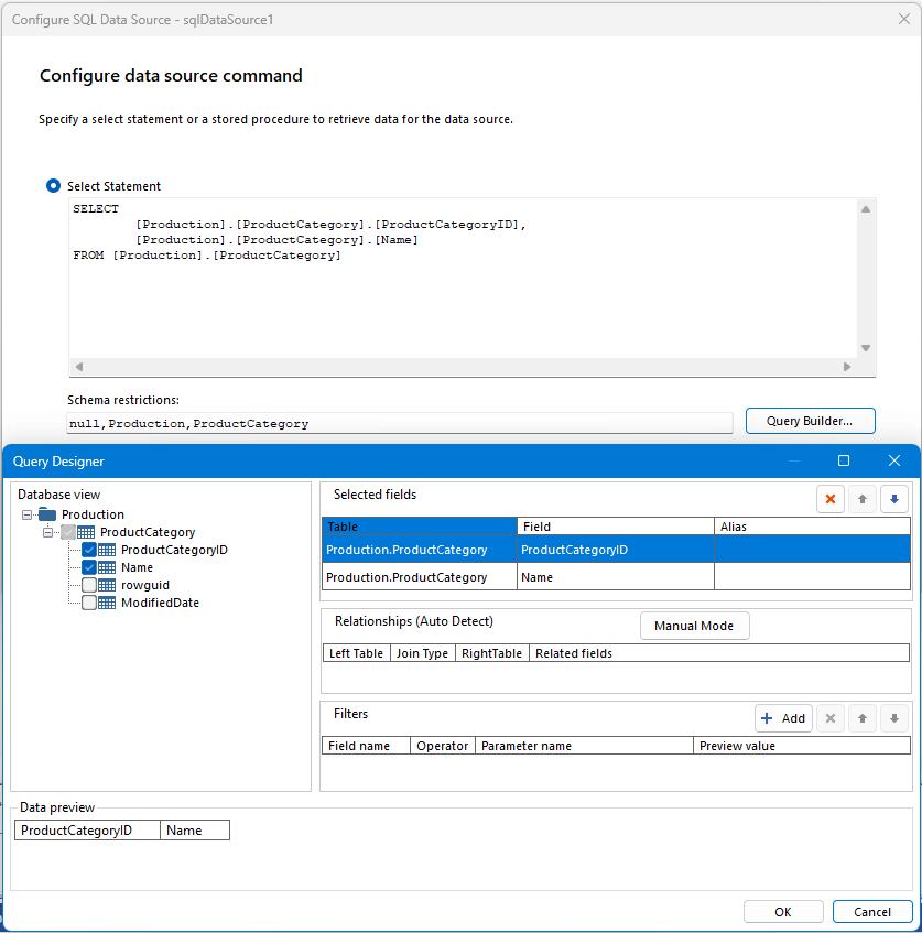 Image of the SQL Data Source wizard showing the schema restrictions field and the query builder dialog