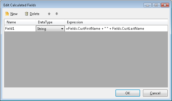 Edit Calculated Fields Dialog of the Report Designer with one calculated field (string) set to the concatenated string of two actual fields