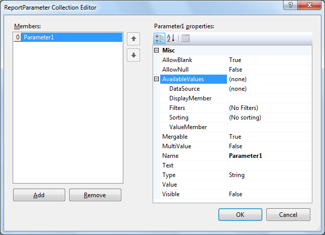 ReportParameter Collection Editor of the Report Designer with Parameter1 AvailableValues expanded