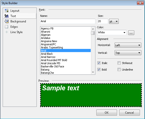 Style Builder Dialog of the Report Designer with selected Arial italic bold 20pt-size white font on green background