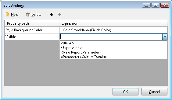 Edit Bindings Dialog of the Report Designer with two Property Paths and one Expression set and the other Expression with expanded dropdown for selection