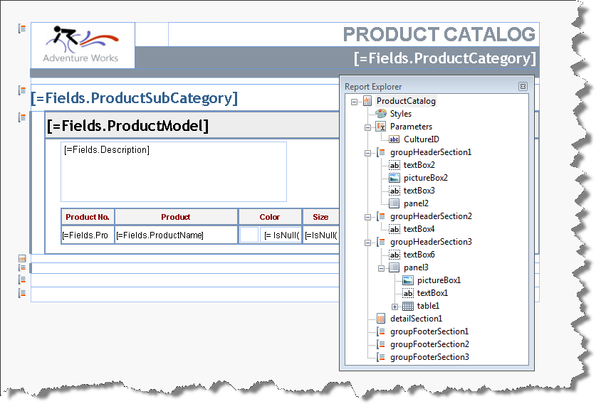 Report Explorer of the Report Designer showing the structure of the ProductCatalog demo report