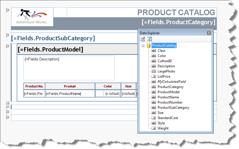 The Data Explorer of the Report Designer with ProductCatalog DataSource fields listed
