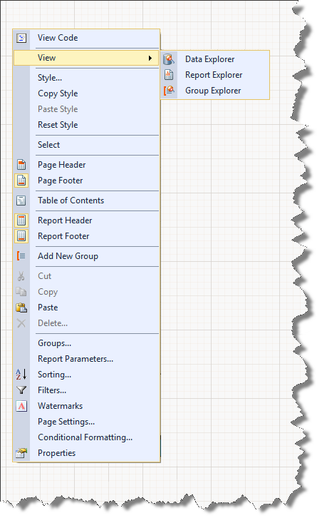 Context Menu of Report Designer invoked in the area next to report design surface. The View item is selected.