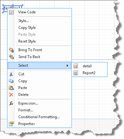 Context Menu of Report Designer invoked over a TextBox. The Select item is highlighted and lets you select report elements underneath the right-clicked TextBox.