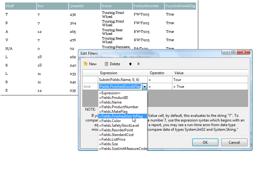 Edit Filter Dialog of the Report Designer with one Filtering Rule already added and second been edited, with its Expression dropdown expanded