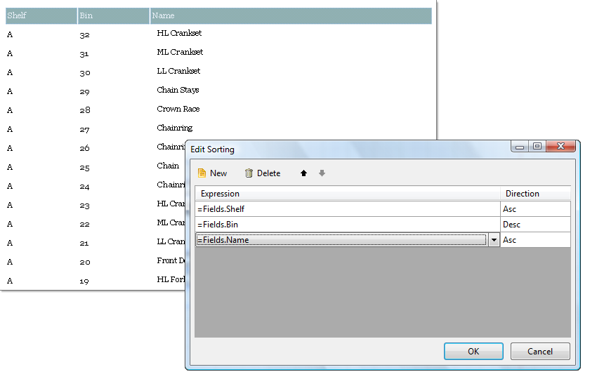 Edit Expression Dialog of the Report Designer with three Sorting expressions added