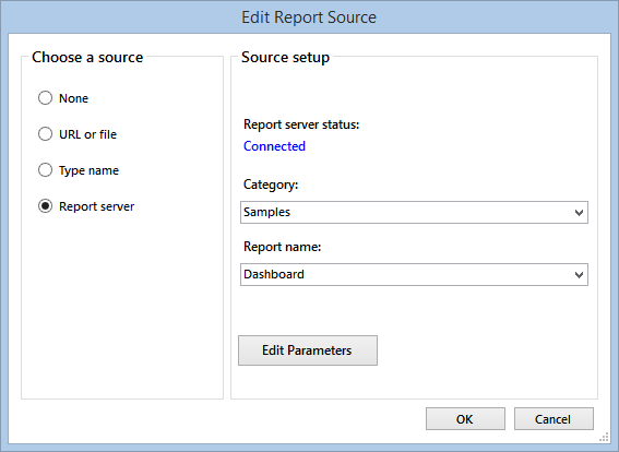 Edit Report Source Dialog with Report server option selected