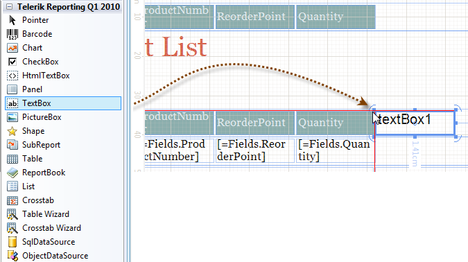 Dragging the TextBox item from Visual Studio item template to the report in the Visual Studio Report Designer