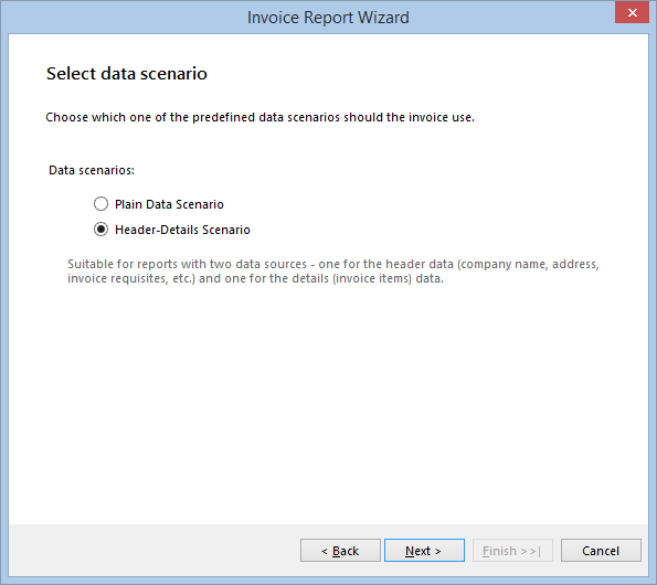 Data Scenario dialog of the Invoice Report Wizard in the Designer