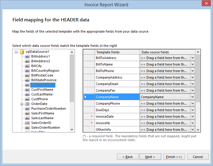 Header data Field Mapping dialog of the Invoice Report Wizard in the Designer