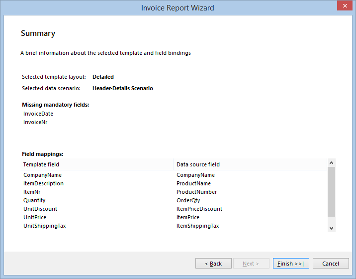 Summary page of the Invoice Report Wizard in the Designer