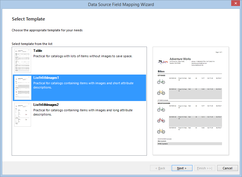 Select Template dialog of the Product Catalog Wizard in the Designer