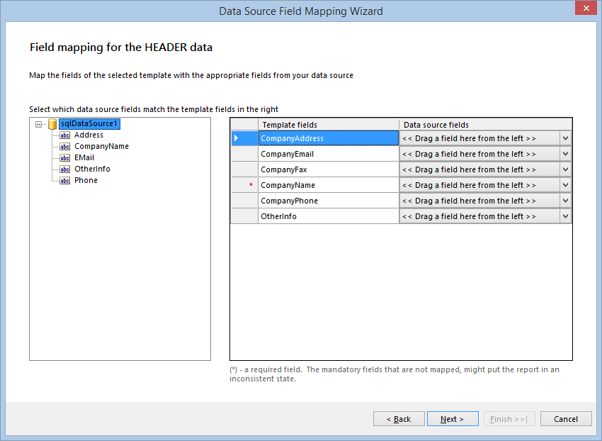 Header data Field Mapping dialog of the Product Catalog Wizard in the Designer