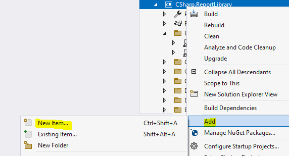 Add new item to a ReportLibrary project in Visual Studio.